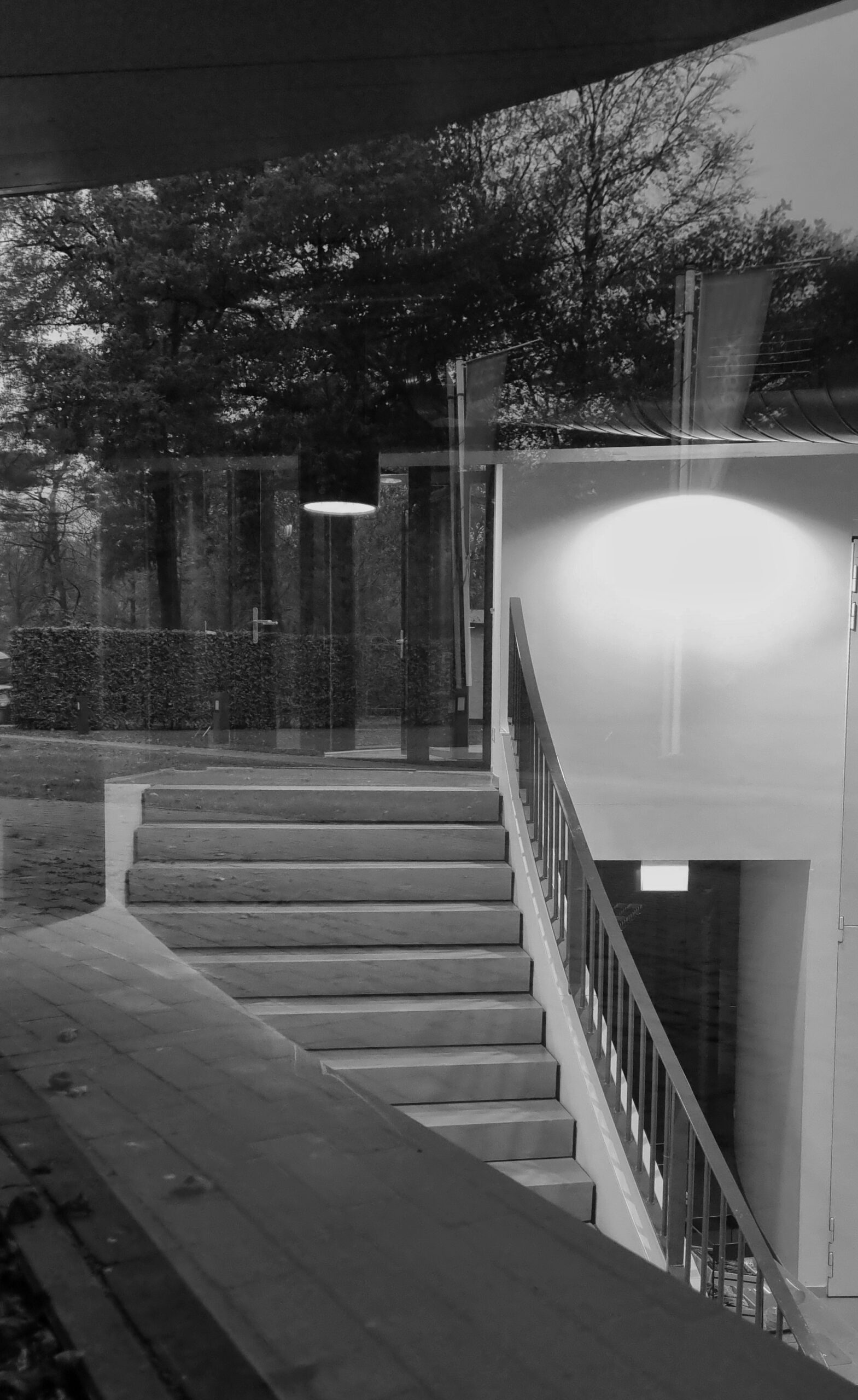 Reflectie van bomen in een ruit met op de achtergrond een trap